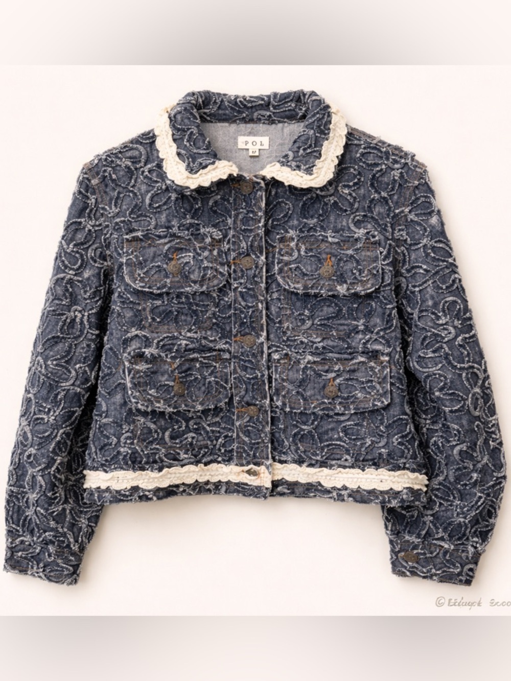 POL Blue Distressed Floral Jean Jacket with Cream Trim Medium Oversized - Picture 2 of 7